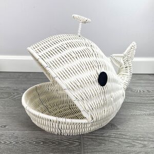 Whimsical White Whale Whicker Ratan Storage Basket 11" Cute Beach Coastal Decor